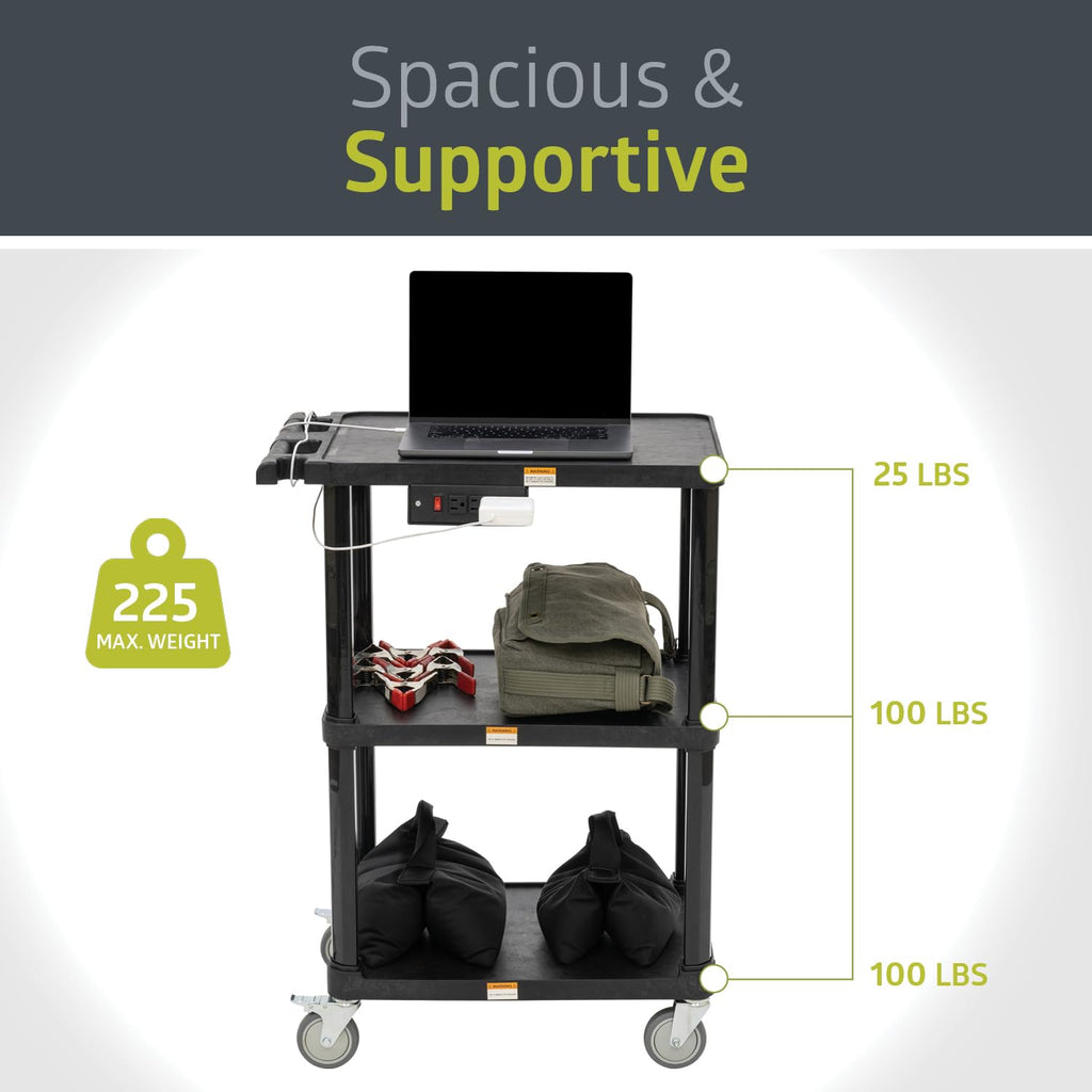 3-Shelf Mobile Utility Cart with 3 Outlets and 8' Cord, Black N92033