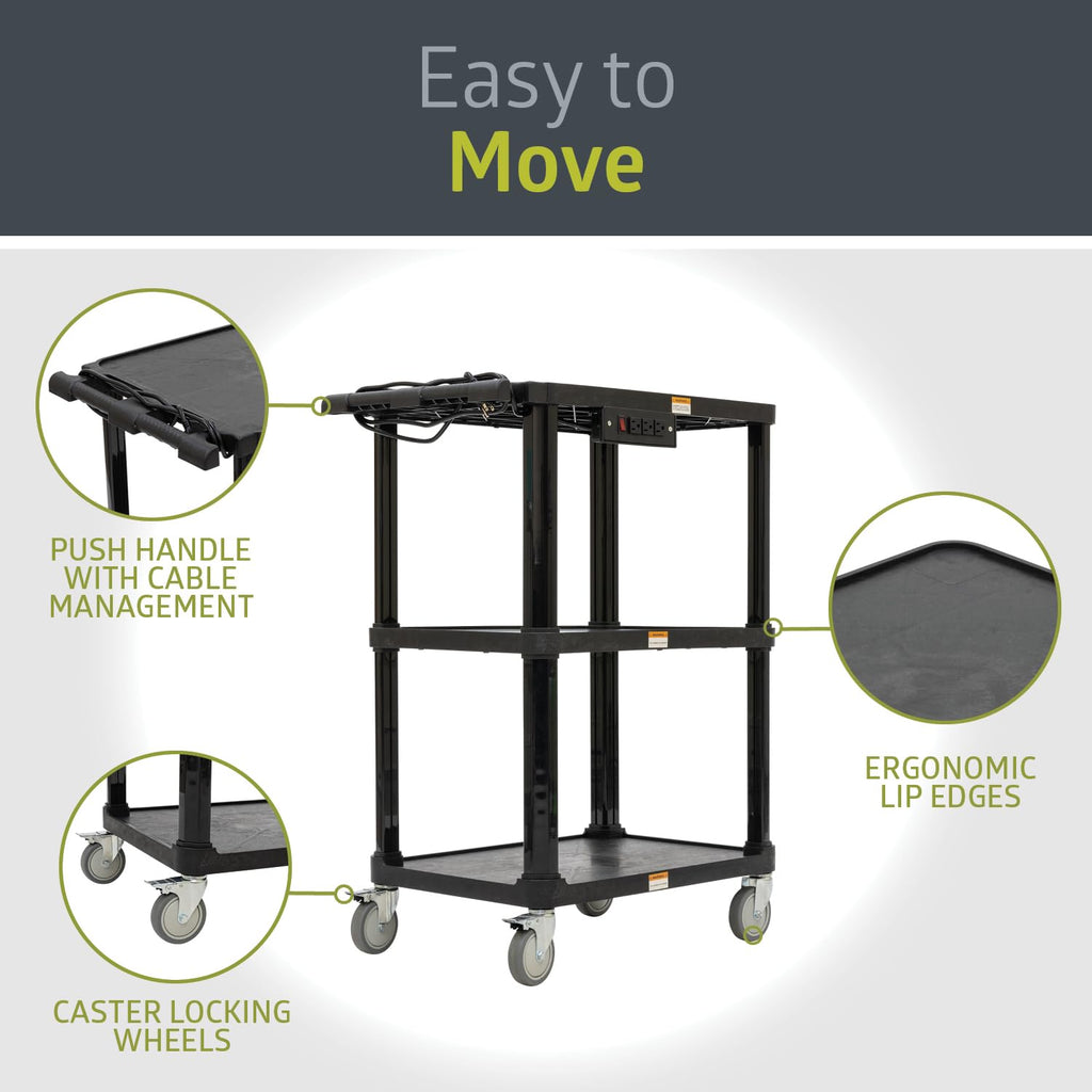 3-Shelf Mobile Utility Cart with 3 Outlets and 8' Cord, Black N92033