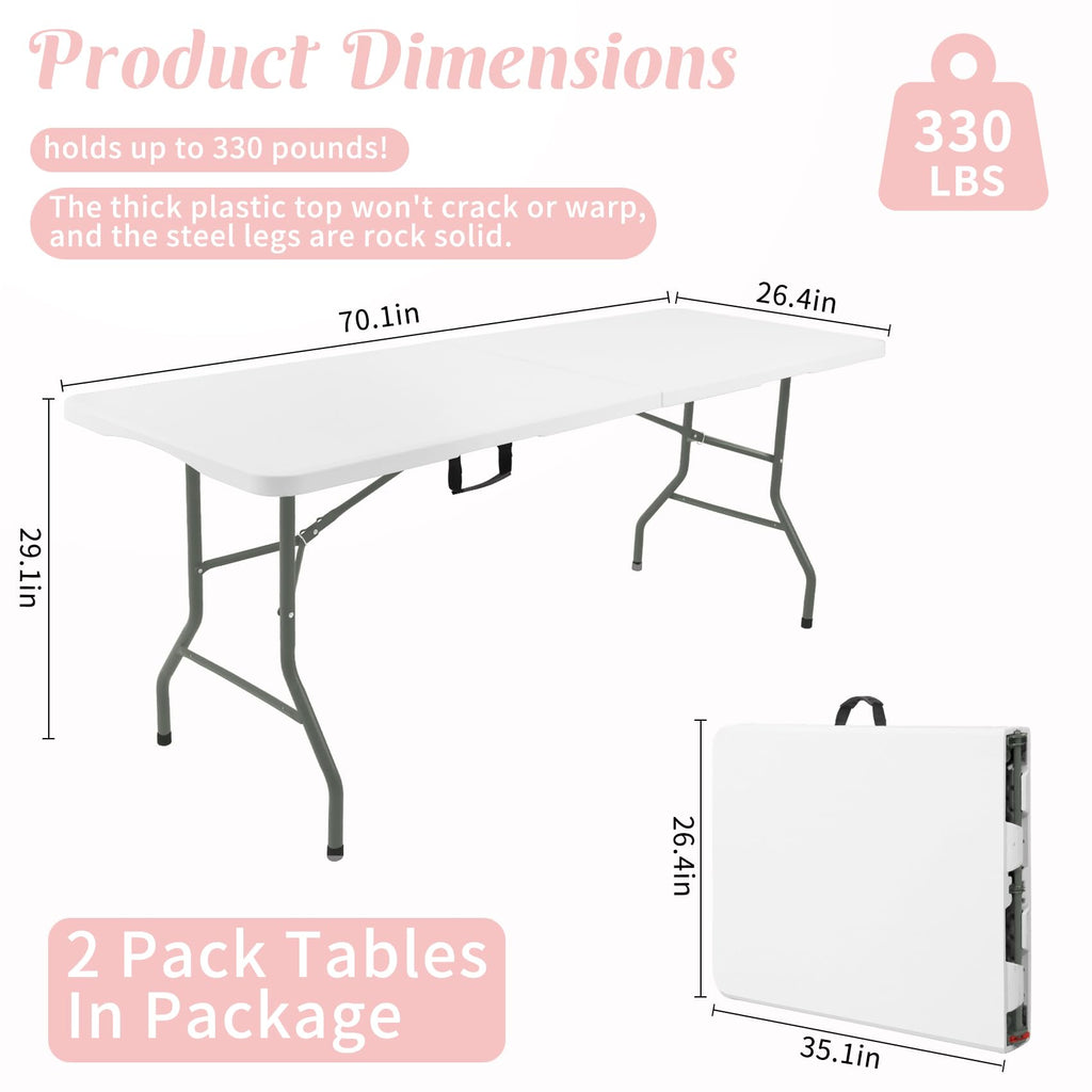 2 Pack 6 Feet Portable Folding Table White Plastic Q736