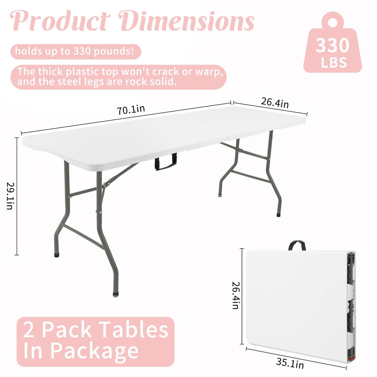 2 Pack 6 Feet Portable Folding Table White Plastic Q736