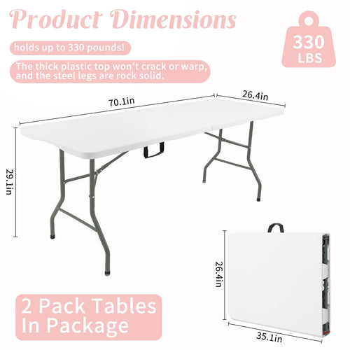 2 Pack 6 Feet Portable Folding Table White Plastic Q736