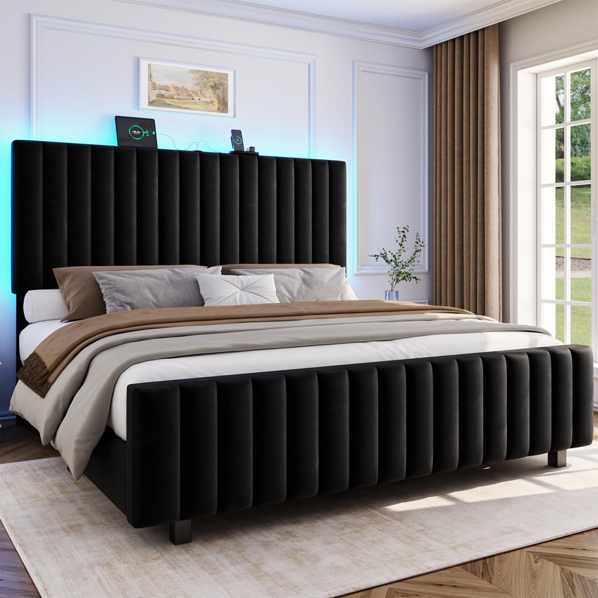 Queen Size Velvet Upholstered Platform Bed Frame with Adjustable Headboard O31425