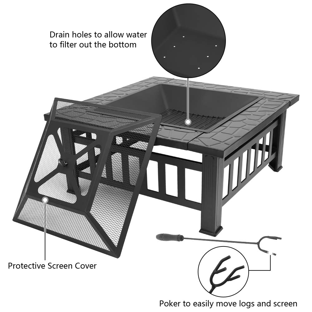 Portable Iron Wood Burning Fire Pit with Mesh Screen Lid U82986