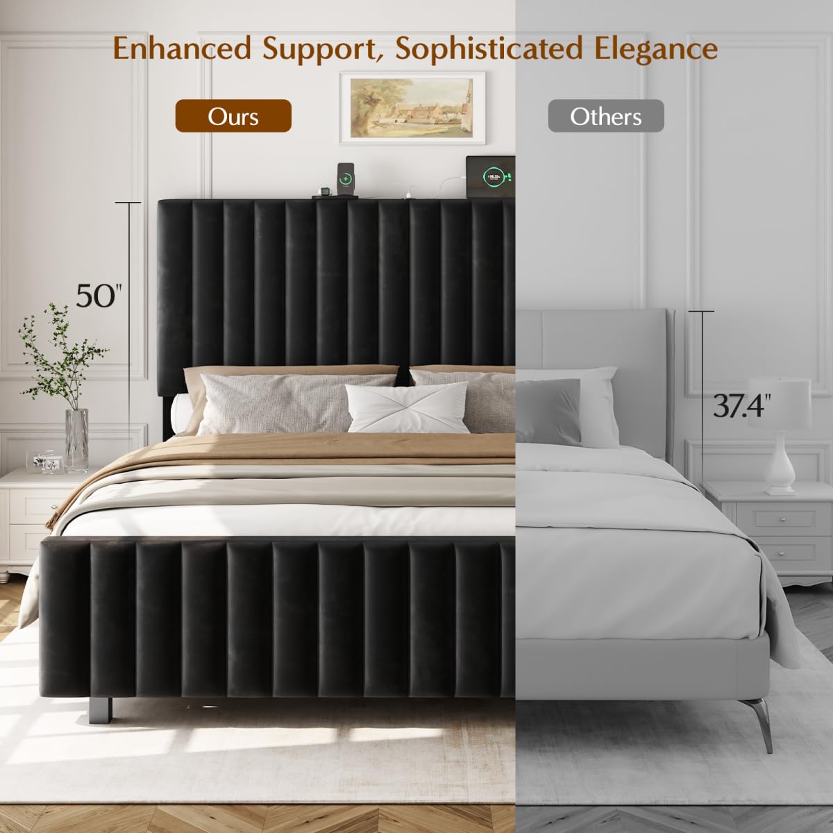 Queen Size Velvet Upholstered Platform Bed Frame with Adjustable Headboard O31425