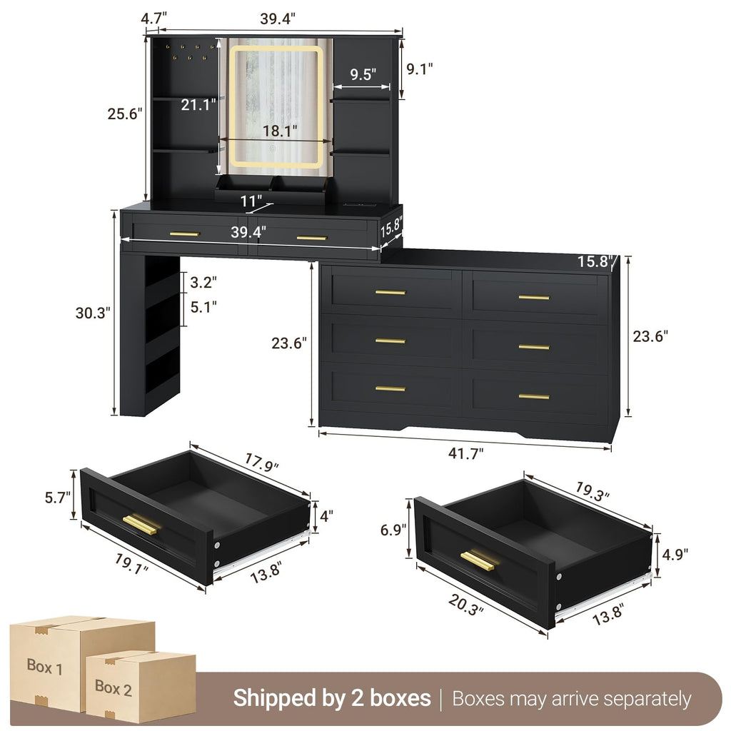Black Makeup Vanity Desk with Mirror and Lights O949133