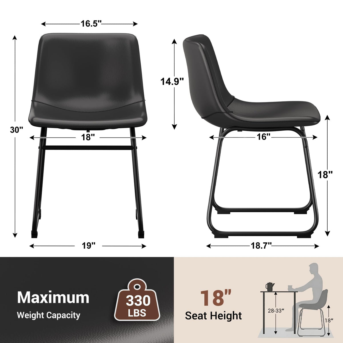 Black PU Leather Dining Chairs Set of 2 I7841