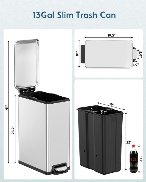 13.2 Gal Stainless Steel Slim Kitchen Trash Can L1137