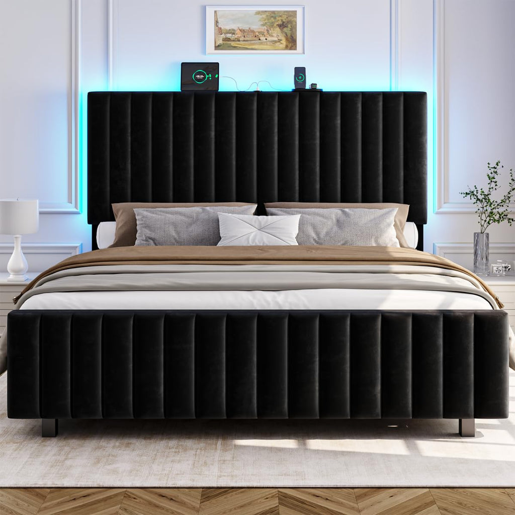 Queen Size Velvet Upholstered Platform Bed Frame with Adjustable Headboard O31425