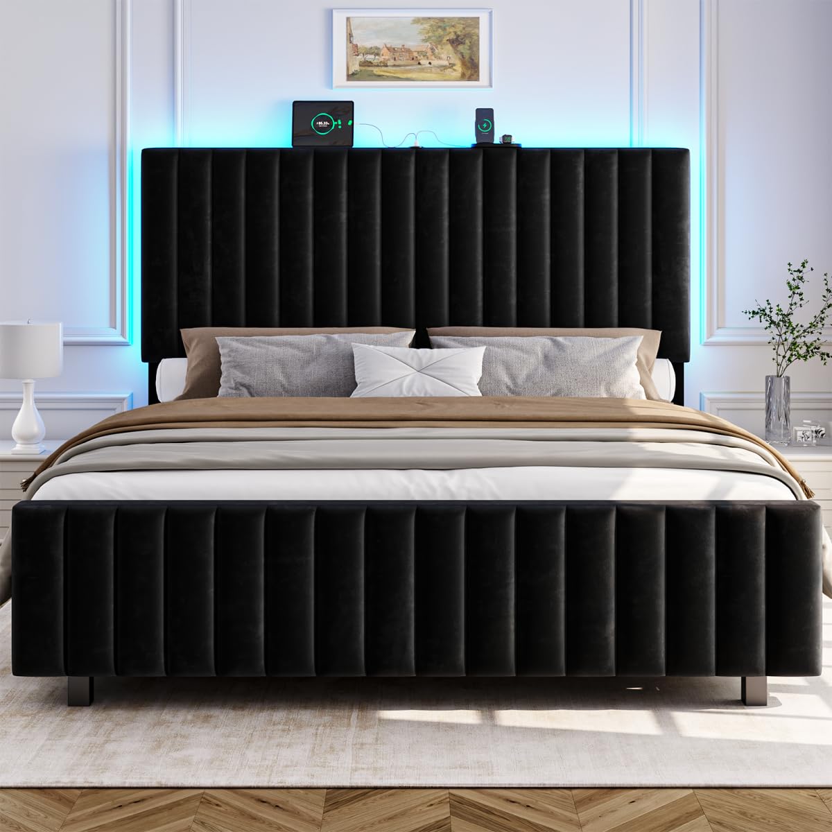 Queen Size Velvet Upholstered Platform Bed Frame with Adjustable Headboard O31425