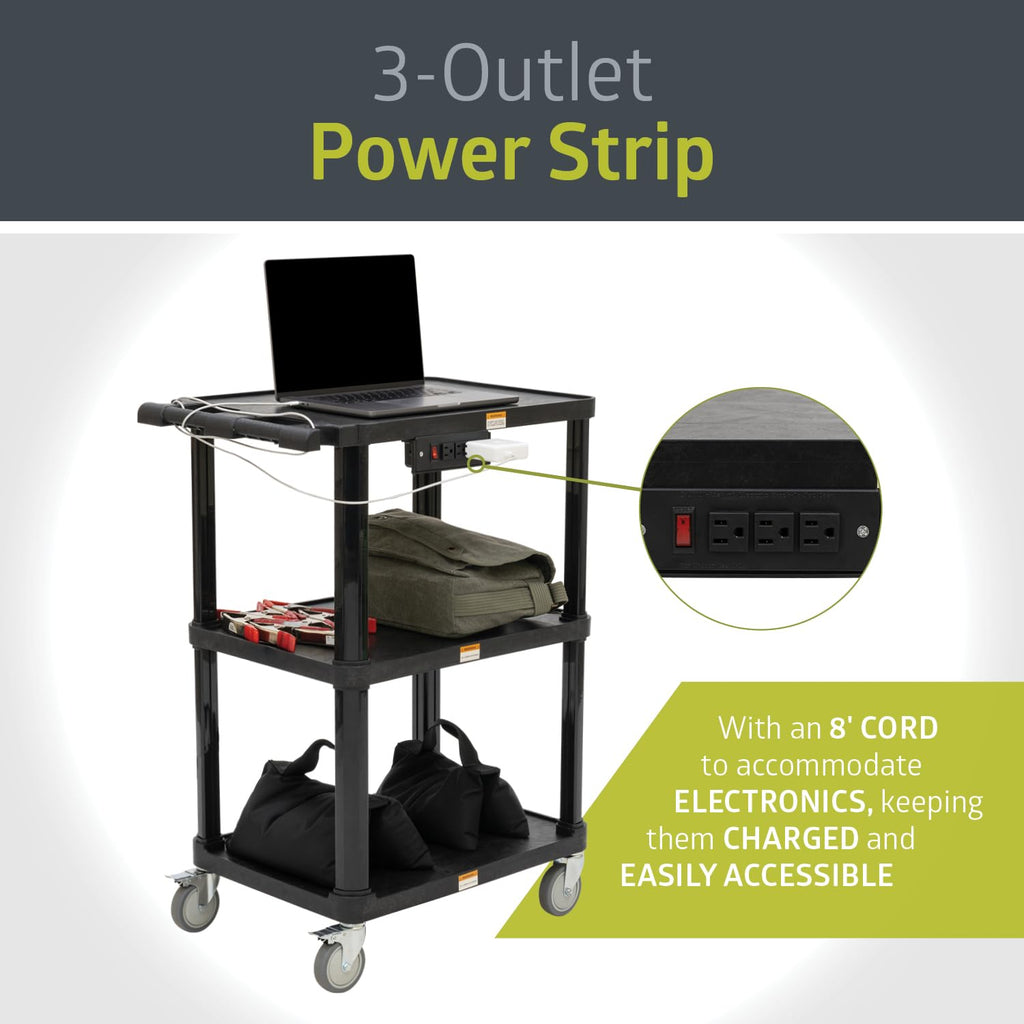 3-Shelf Mobile Utility Cart with 3 Outlets and 8' Cord, Black N92033