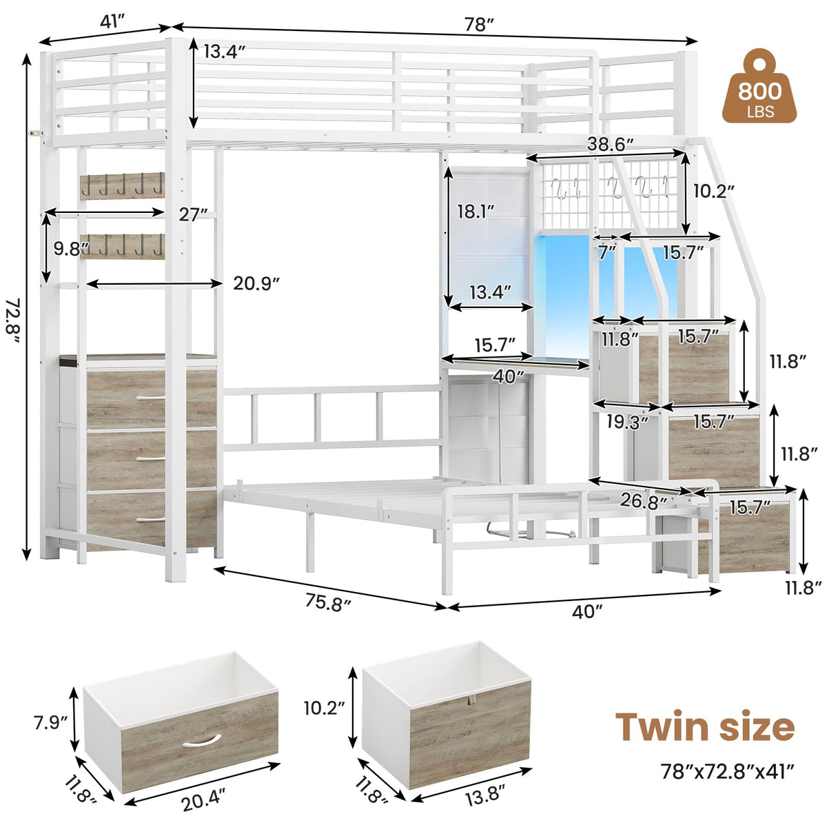 White Twin Over Twin Metal Bunk Bed with 6 Storage Drawers and Desk M691697