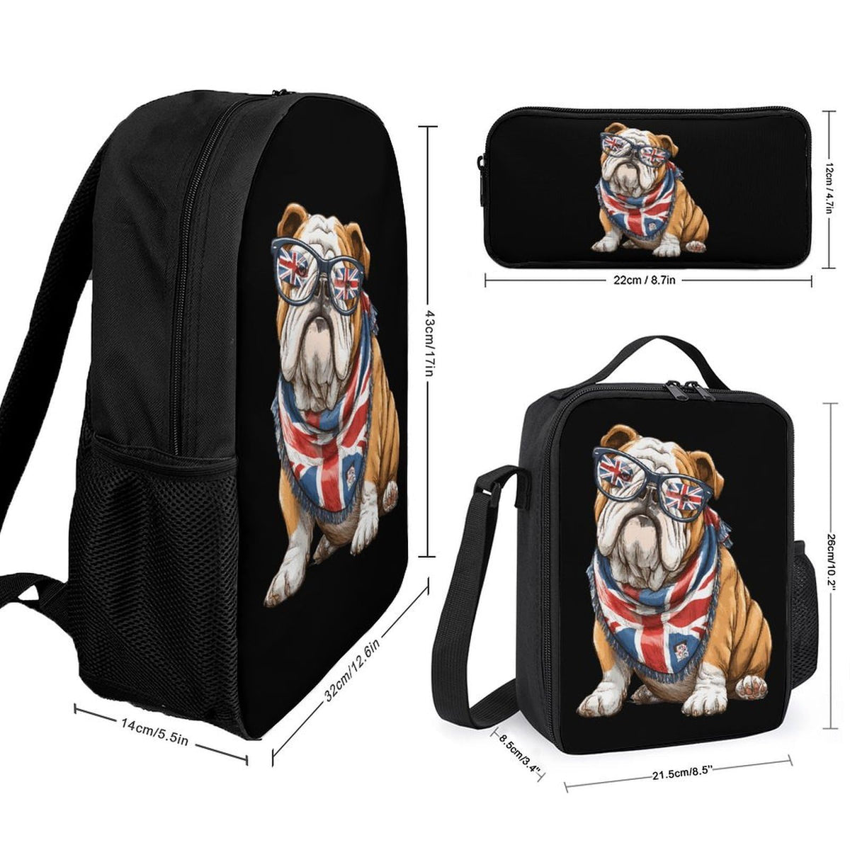 English Bulldog UK Flag Backpack with Lunch Box Pencil Case G906