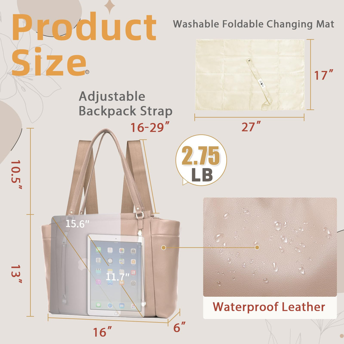 Leather Diaper Bag Backpack with Pacifier Case I894