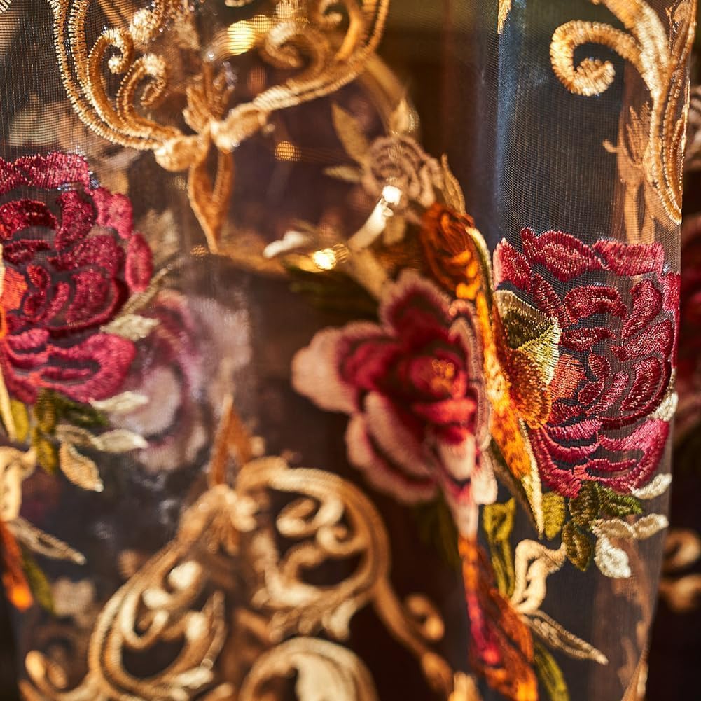 Embroidered Sheer Curtains with Floral Patterns 100"W x 84"L N790