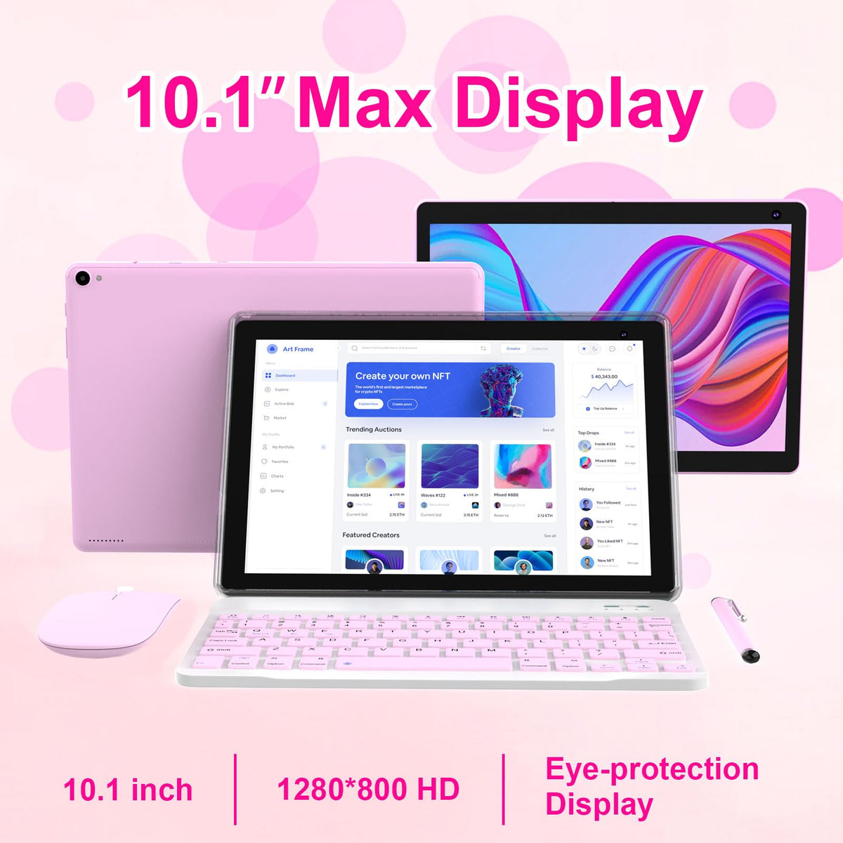 Android 15 Tablet 10 inch, 2 in 1 Tablet with Keyboard Case Mouse Stylus, 8GB RAM 32GB ROM, Quad Core, 1280x800 HD Screen, 6000mAh H1093