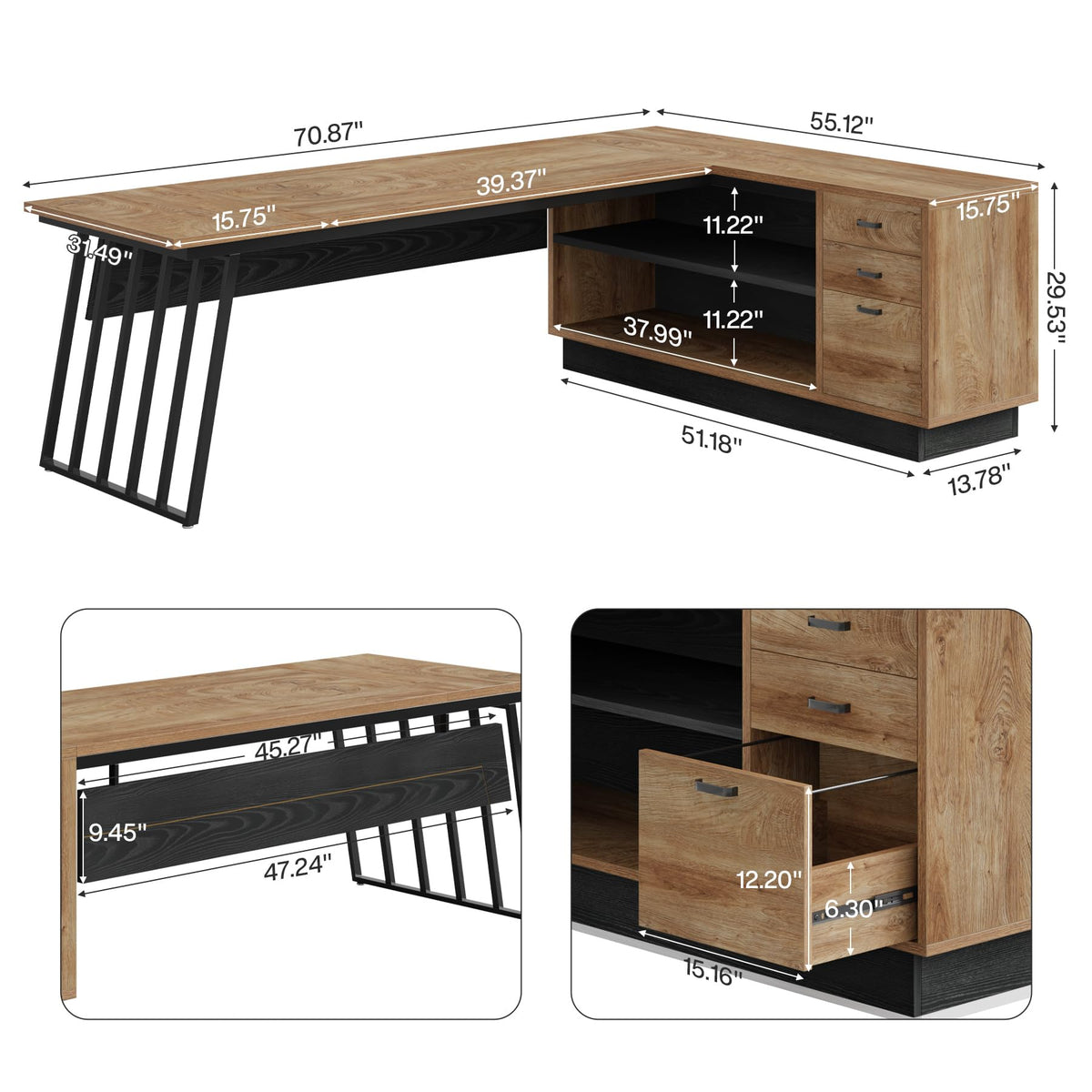 71-Inch L-Shaped Executive Desk with Cabinet Q5208