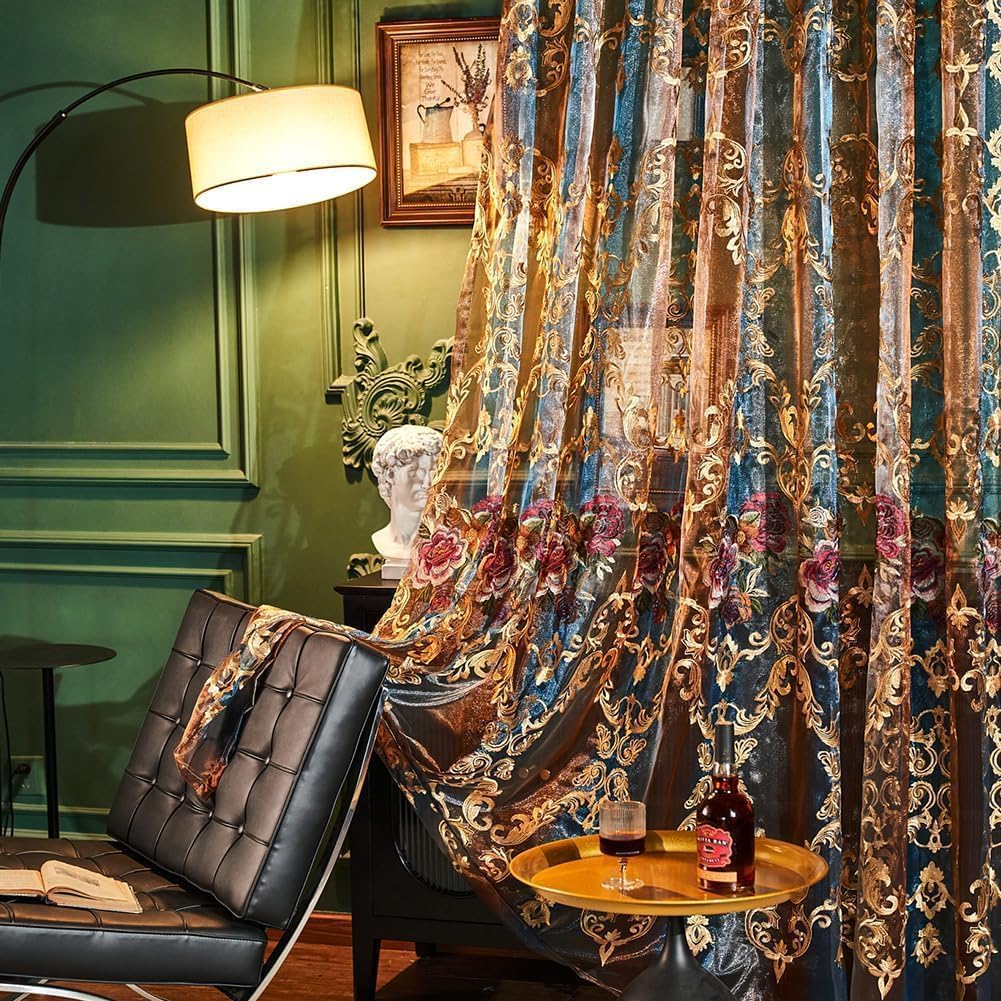 Embroidered Sheer Curtains with Floral Patterns 100"W x 84"L N790