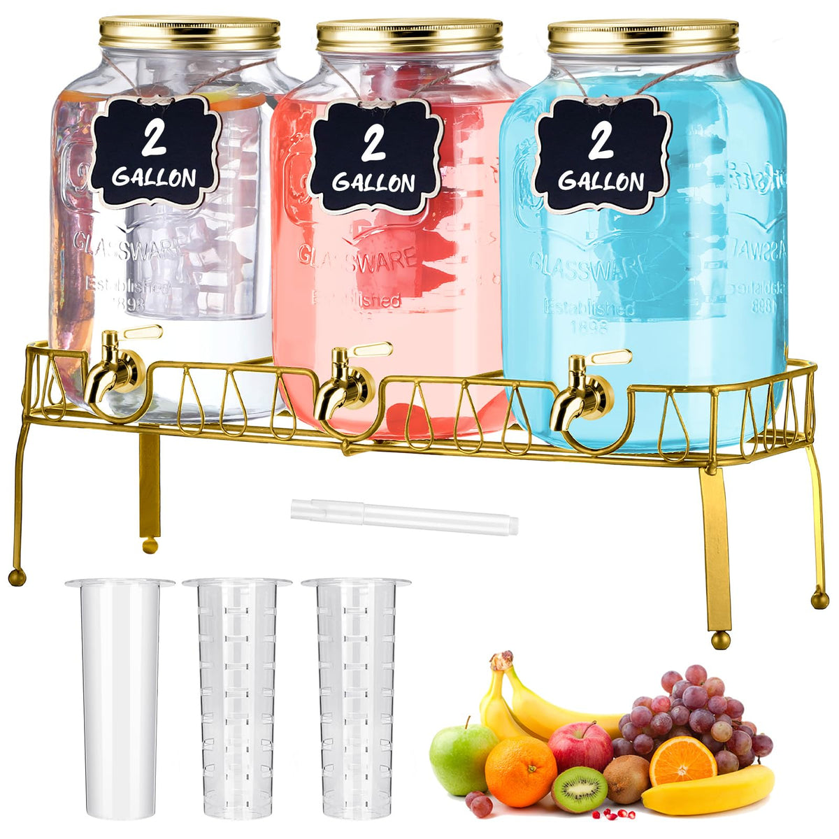 3 Pcs 2 Gallon Glass Drink Dispenser with Stand and Lid C196726