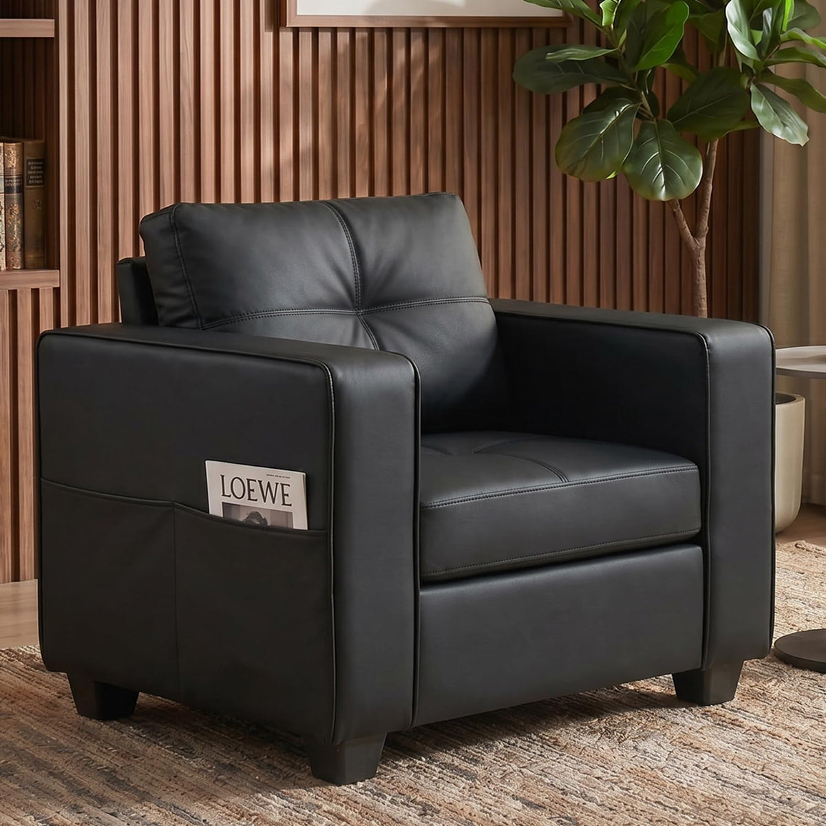 Black Faux Leather Oversized Tufted Accent Chair S6126