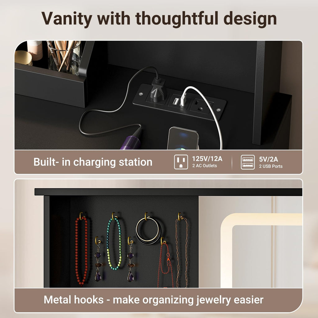 Black Makeup Vanity Desk with Mirror and Lights O949133