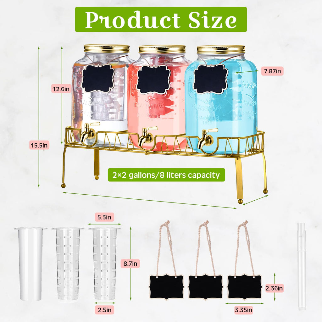 3 Pcs 2 Gallon Glass Drink Dispenser with Stand and Lid C196726