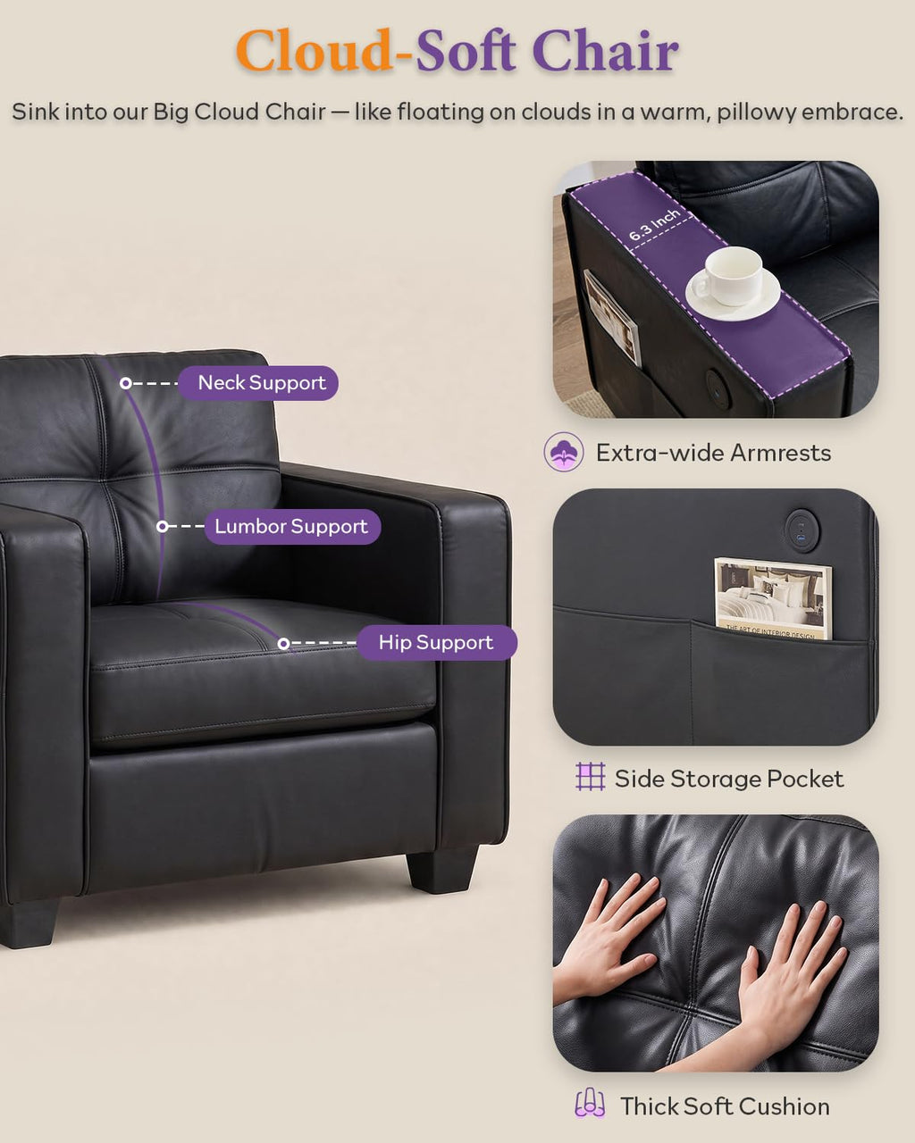 Black Faux Leather Oversized Tufted Accent Chair S6126