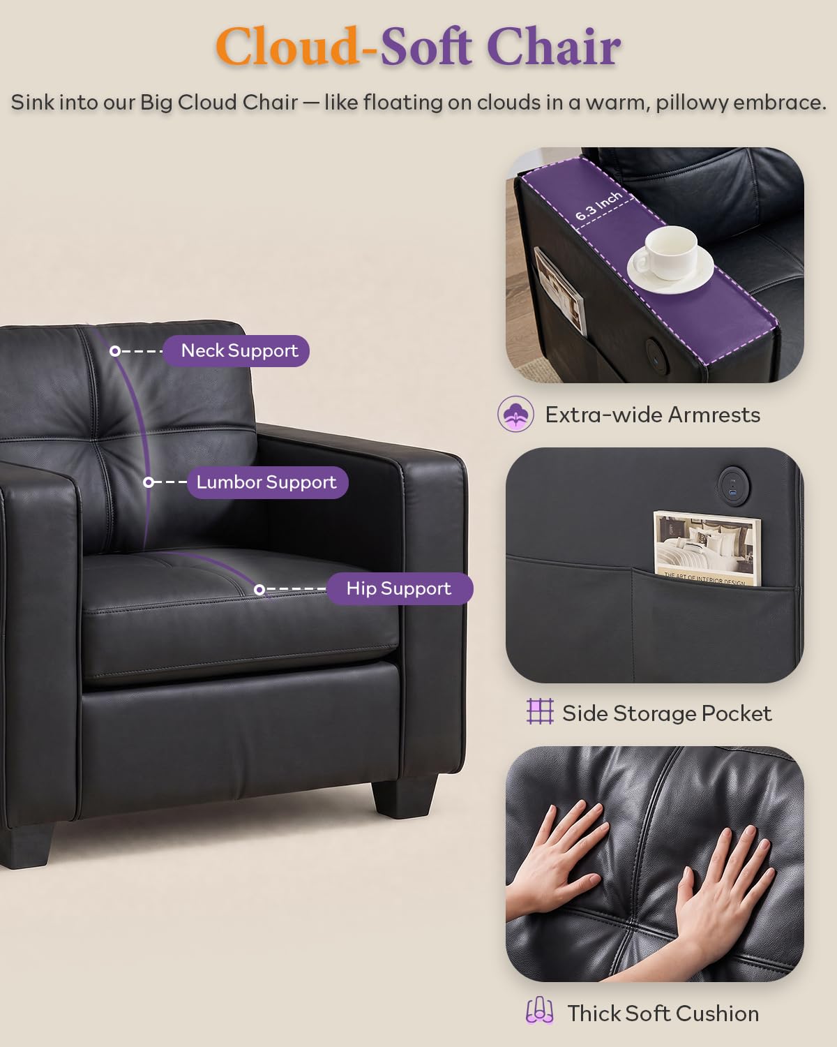 Black Faux Leather Oversized Tufted Accent Chair S6126
