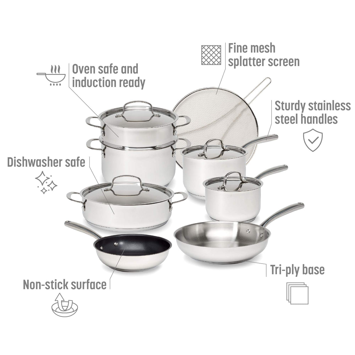 12-Piece Stainless Steel Cookware Set with Non Stick Frying Pan S602244