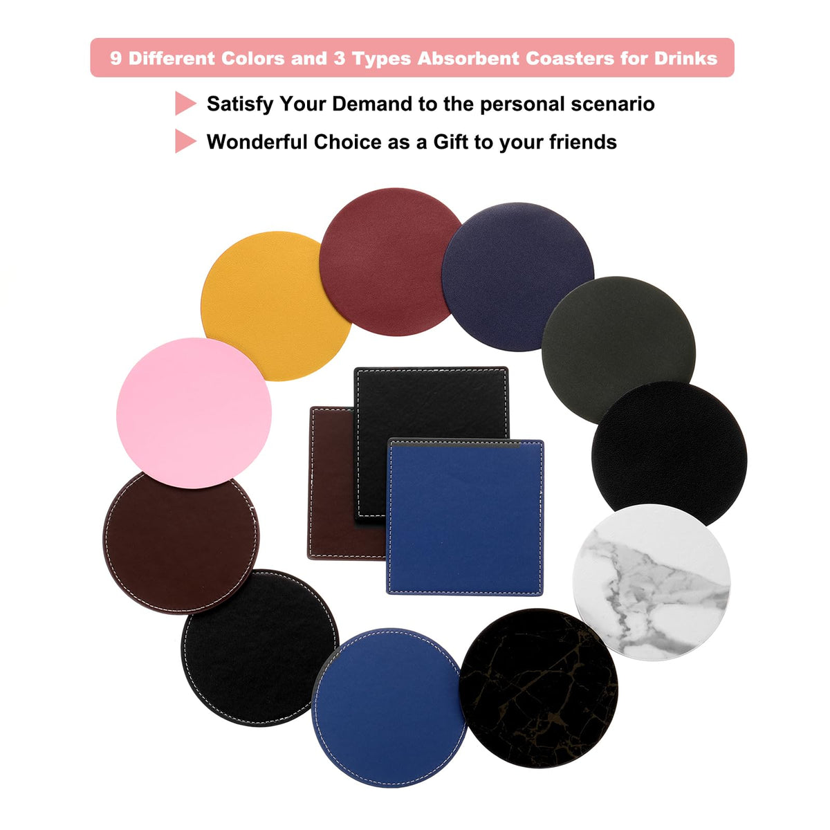 Round Drink Coasters Set of 6 Dual Sided Non-Slip Waterproof Leather M863