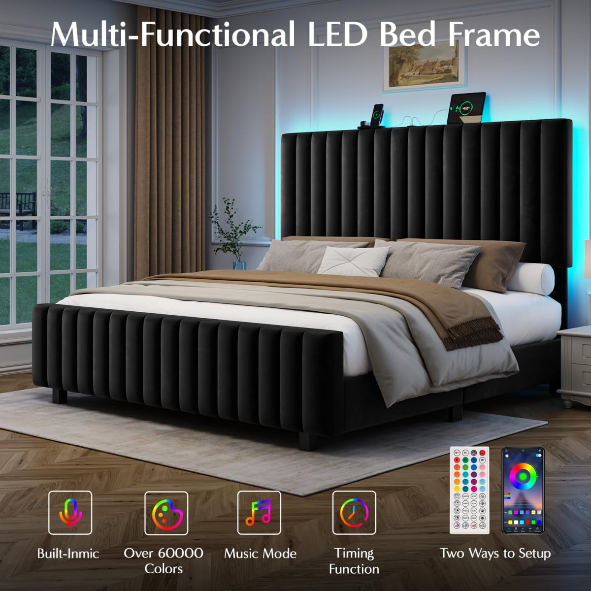 Queen Size Velvet Upholstered Platform Bed Frame with Adjustable Headboard O31425