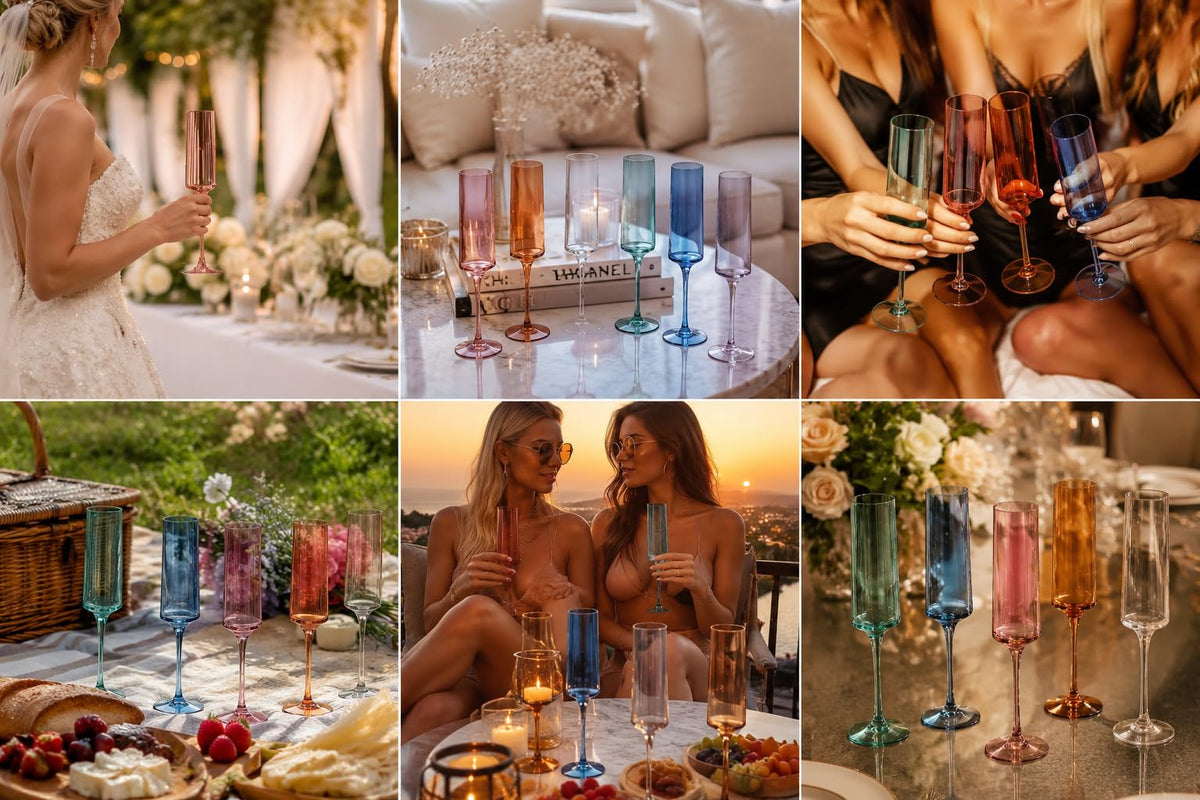 Colored Champagne Flute Stemmed Glasses Set of 6 6oz P4494