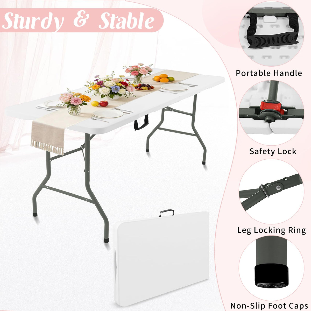 2 Pack 6 Feet Portable Folding Table White Plastic Q736