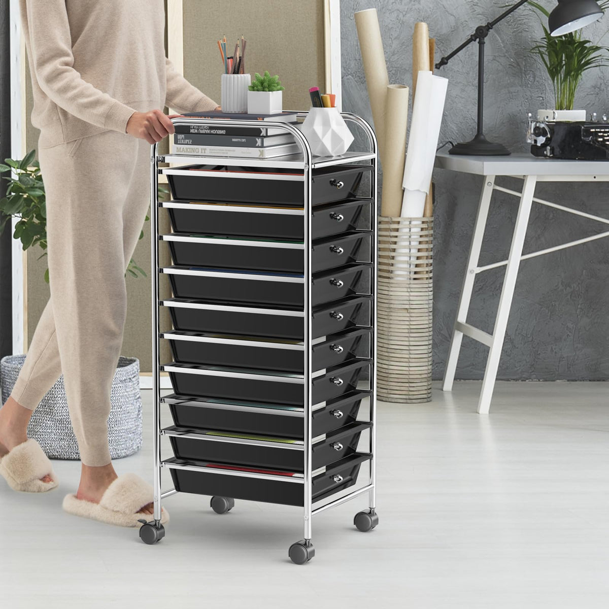 Rolling Utility Cart with 10 Drawers and Lockable Wheels Z222498