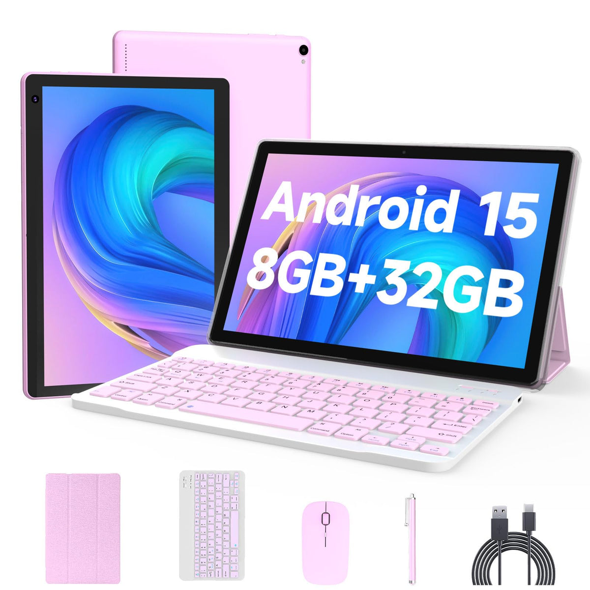 Android 15 Tablet 10 inch, 2 in 1 Tablet with Keyboard Case Mouse Stylus, 8GB RAM 32GB ROM, Quad Core, 1280x800 HD Screen, 6000mAh H1093