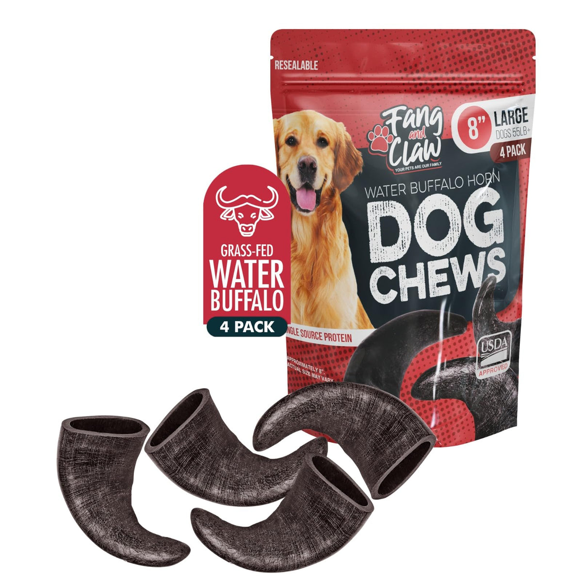 4 Pack Large 8-Inch Dog Horn Chews Z6670