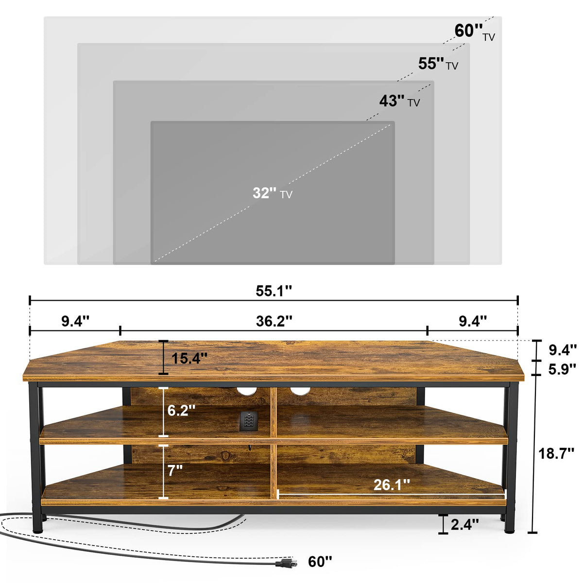 55'' Corner TV Stand with Power Outlet and 4 Open Storage Shelves Z2055