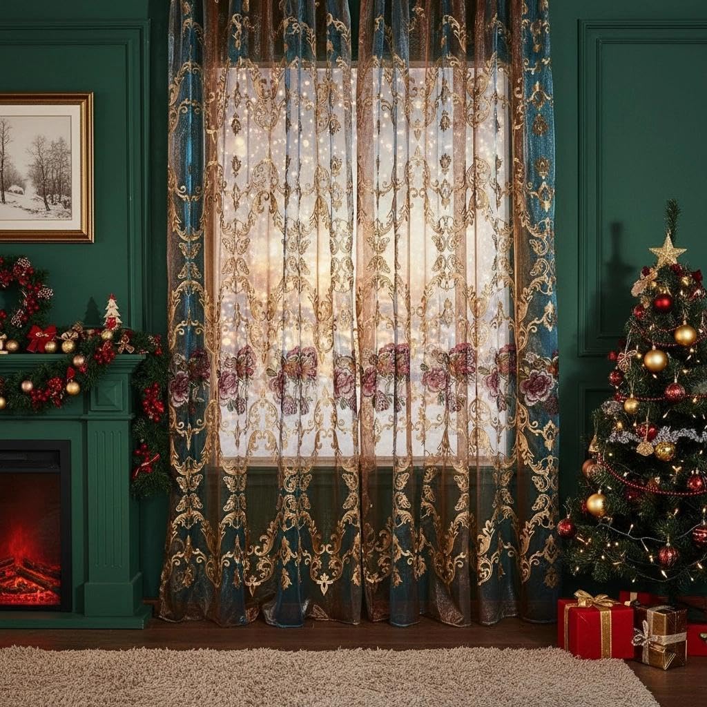 Embroidered Sheer Curtains with Floral Patterns 100"W x 84"L N790