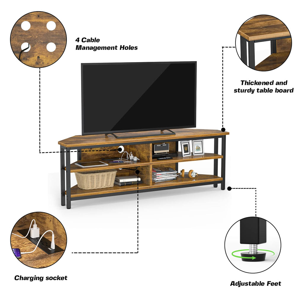 55'' Corner TV Stand with Power Outlet and 4 Open Storage Shelves Z2055