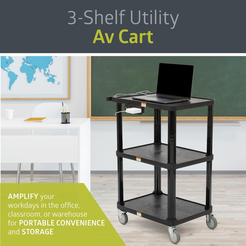3-Shelf Mobile Utility Cart with 3 Outlets and 8' Cord, Black N92033