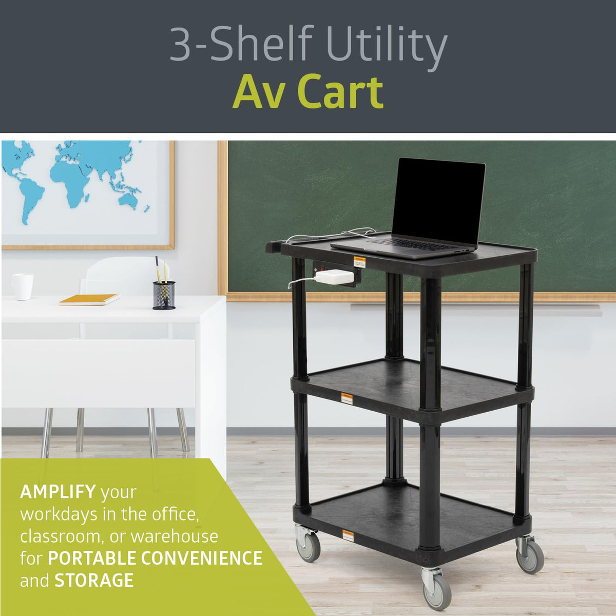 3-Shelf Mobile Utility Cart with 3 Outlets and 8' Cord, Black N92033