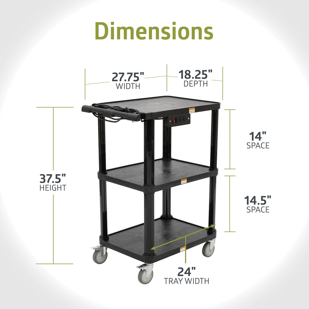 3-Shelf Mobile Utility Cart with 3 Outlets and 8' Cord, Black N92033