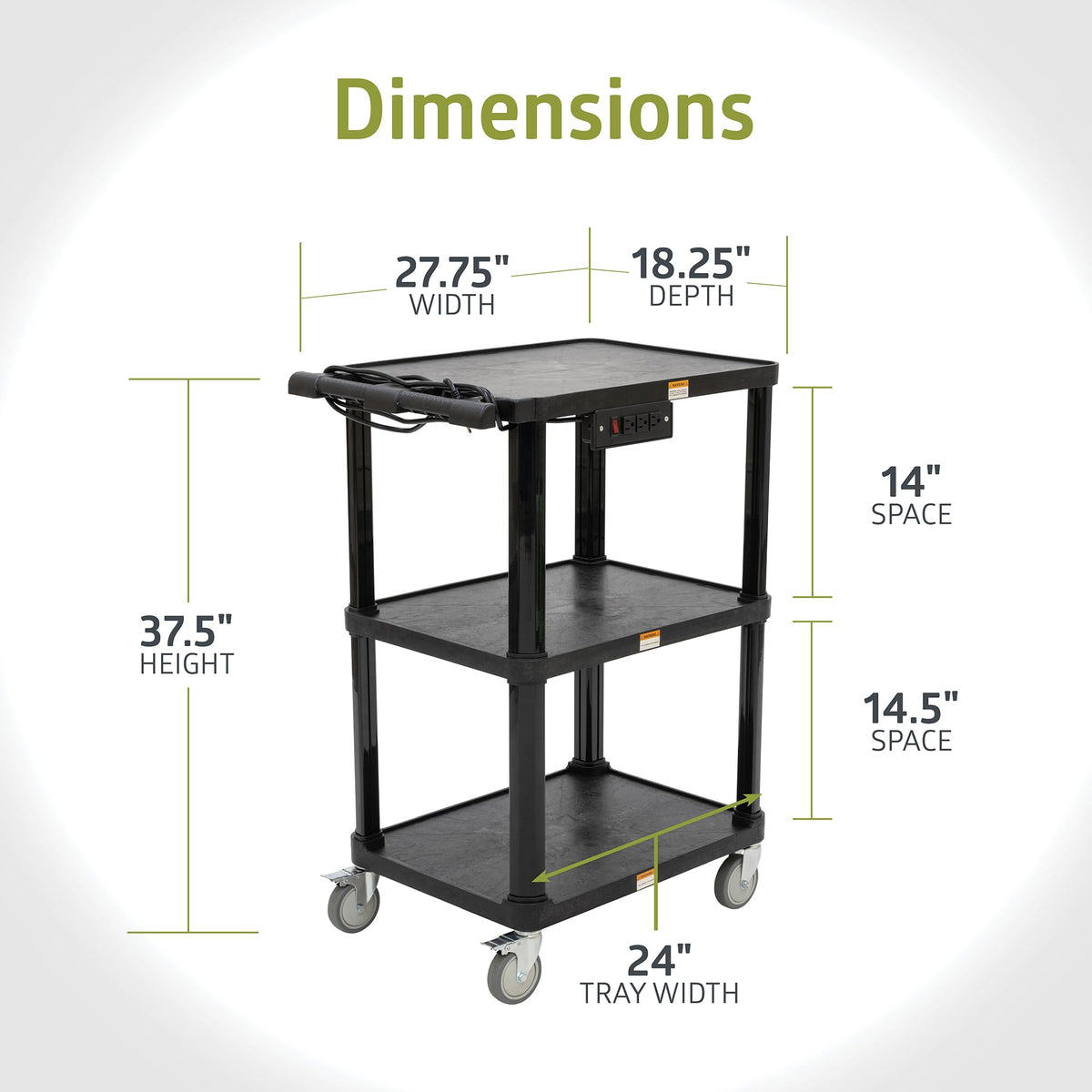 3-Shelf Mobile Utility Cart with 3 Outlets and 8' Cord, Black N92033