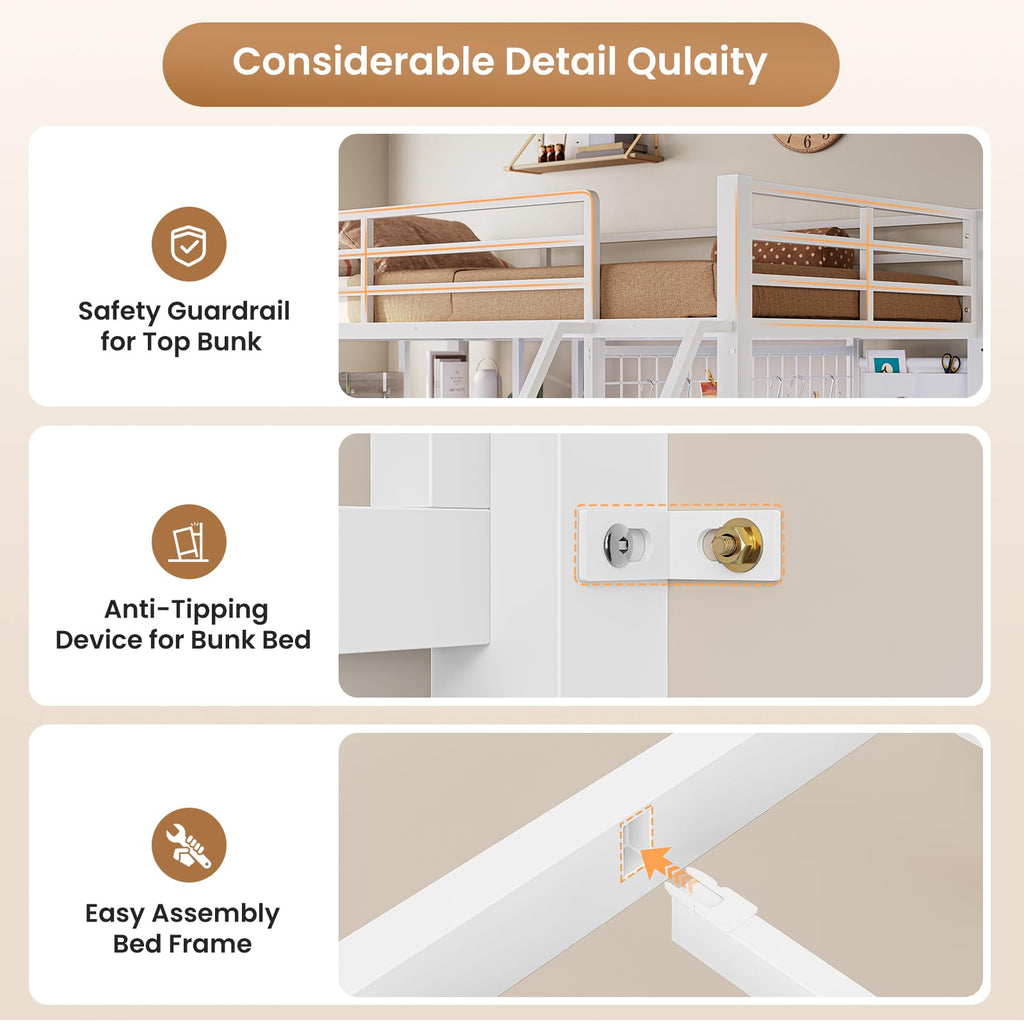 White Twin Over Twin Metal Bunk Bed with 6 Storage Drawers and Desk M691697