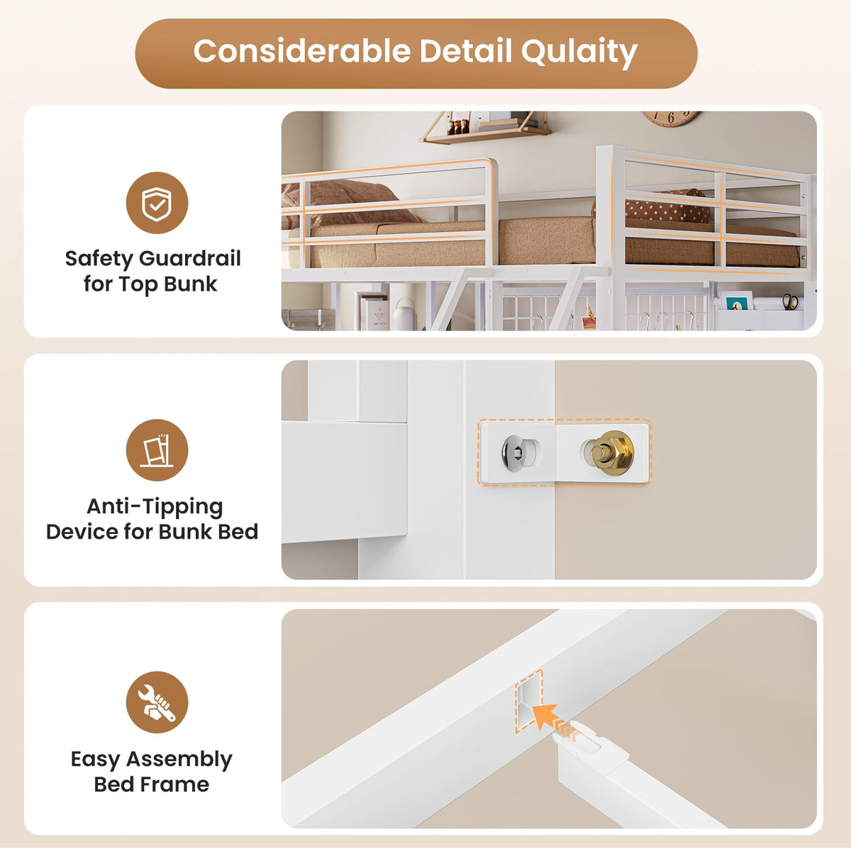 White Twin Over Twin Metal Bunk Bed with 6 Storage Drawers and Desk M691697