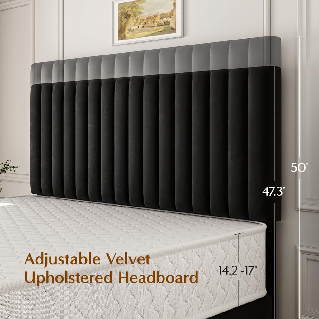 Queen Size Velvet Upholstered Platform Bed Frame with Adjustable Headboard O31425