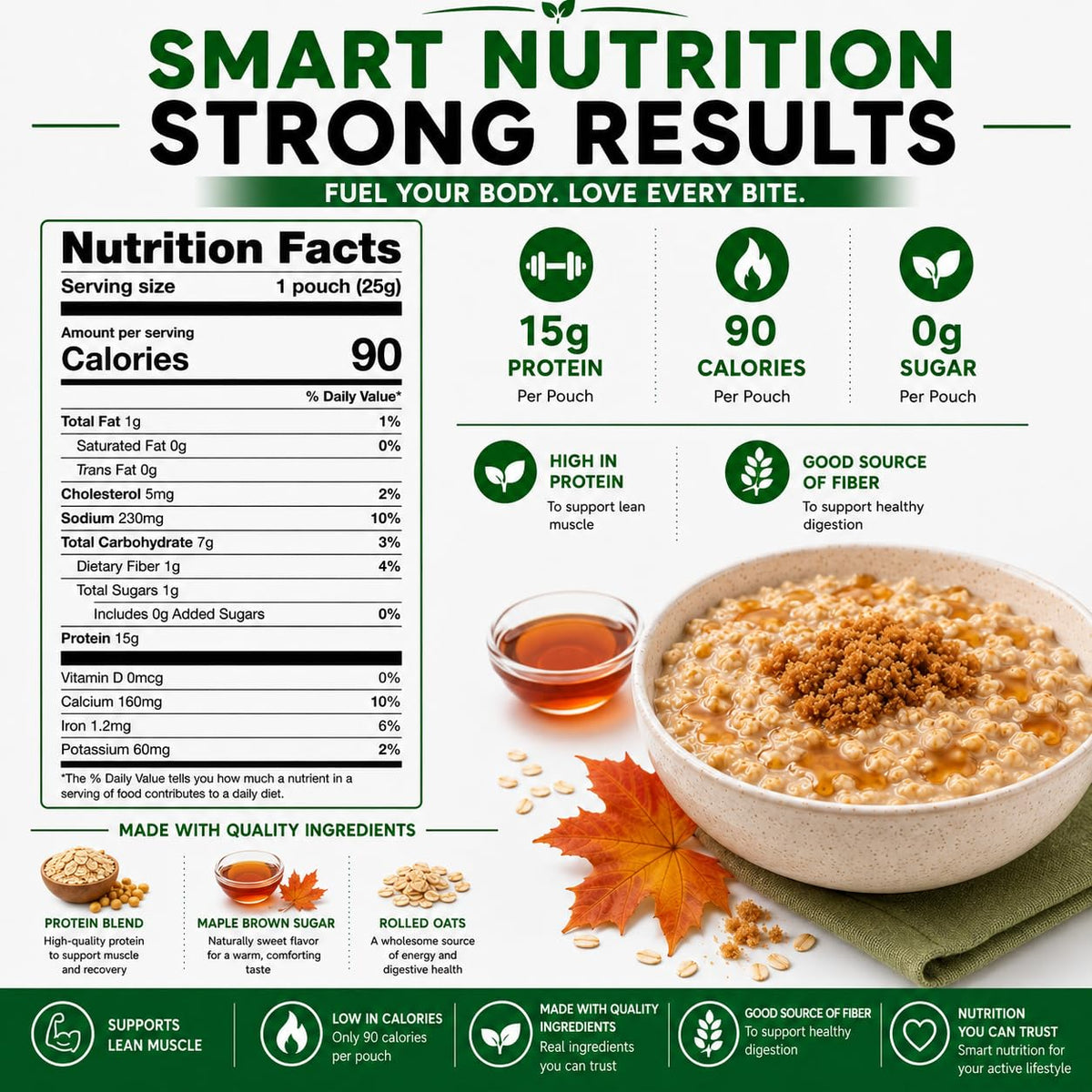 High Protein Instant Oatmeal Mix, 15g Protein, 7 Servings, Maple Brown Sugar V8629