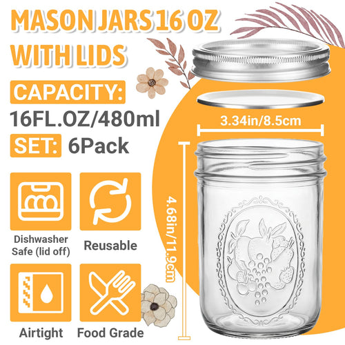 16 oz 6 Pack Wide Mouth Mason Jars with Airtight Lids W229