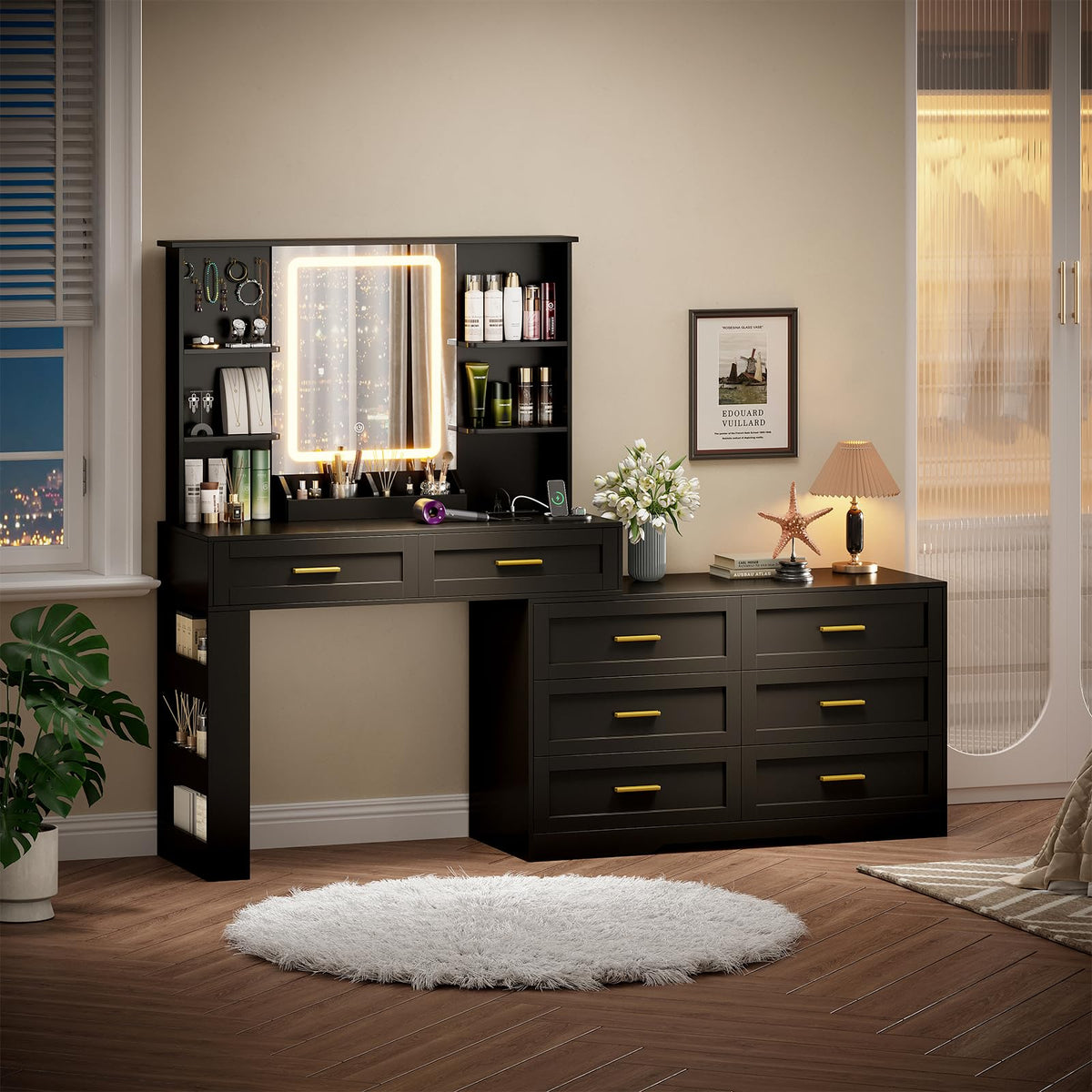 Black Makeup Vanity Desk with Mirror and Lights O949133