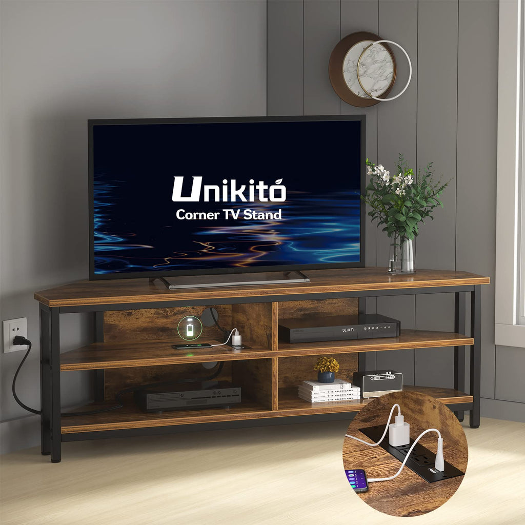 55'' Corner TV Stand with Power Outlet and 4 Open Storage Shelves Z2055