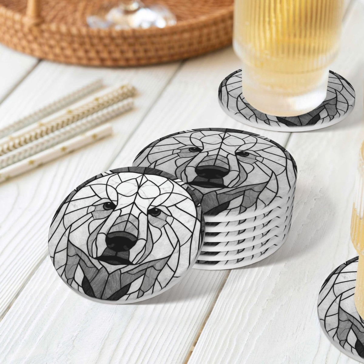 Black and White Bear Ceramic Coasters Set of 6 V248976